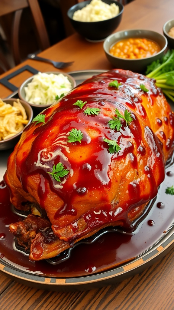A succulent glazed ham with barbecue sauce and parsley on a rustic table, accompanied by coleslaw and baked beans.